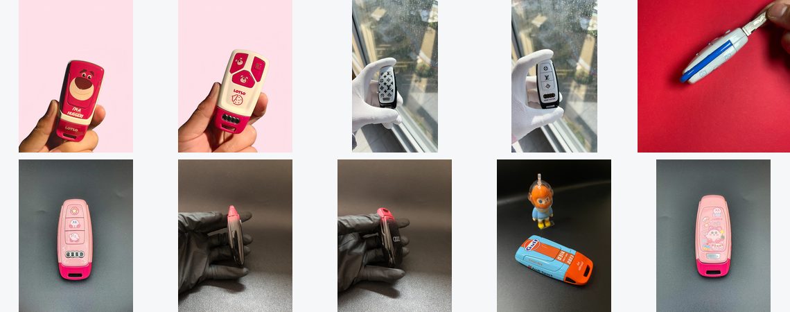 Ten full custom painted key fob finish thumbnails, group 01